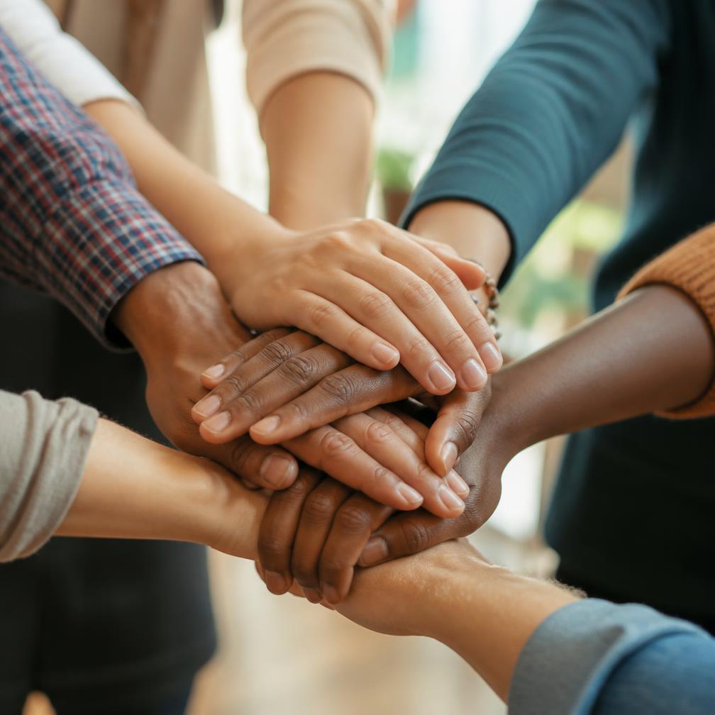 Team members placing their hands together in a supportive huddle