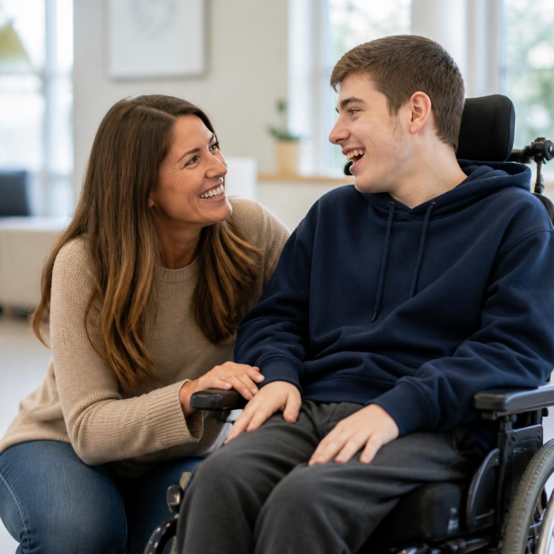 A support coordinator smiling with an NDIS participant who uses a wheelchair